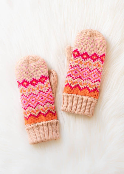 Blush, pink, orange &amp; light pink patterned knit mittens with cozy fleece lining. Made from 100% acrylic for warmth, comfort, and playful winter style.