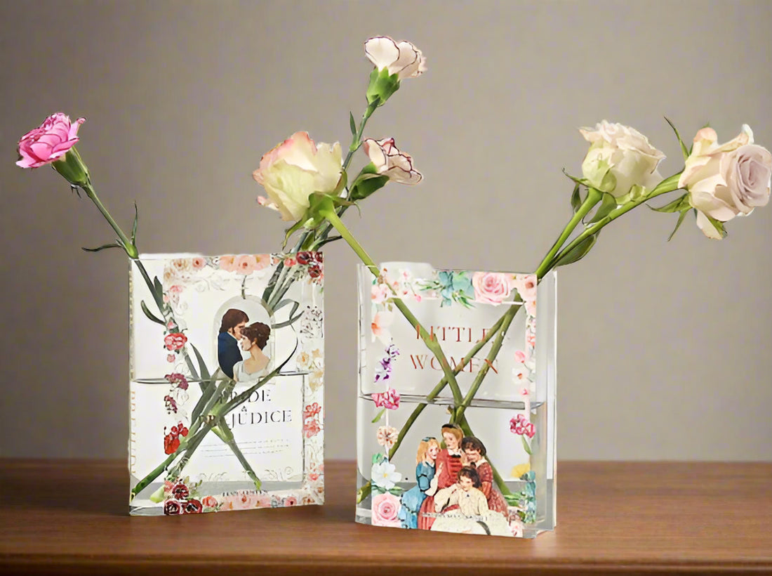 Little Women and Pride and Prejudice Book-inspired acrylic flower vase with slim design for long-stem blooms. Romantic, durable, and stylish—perfect for gifts, home décor, and book lovers.