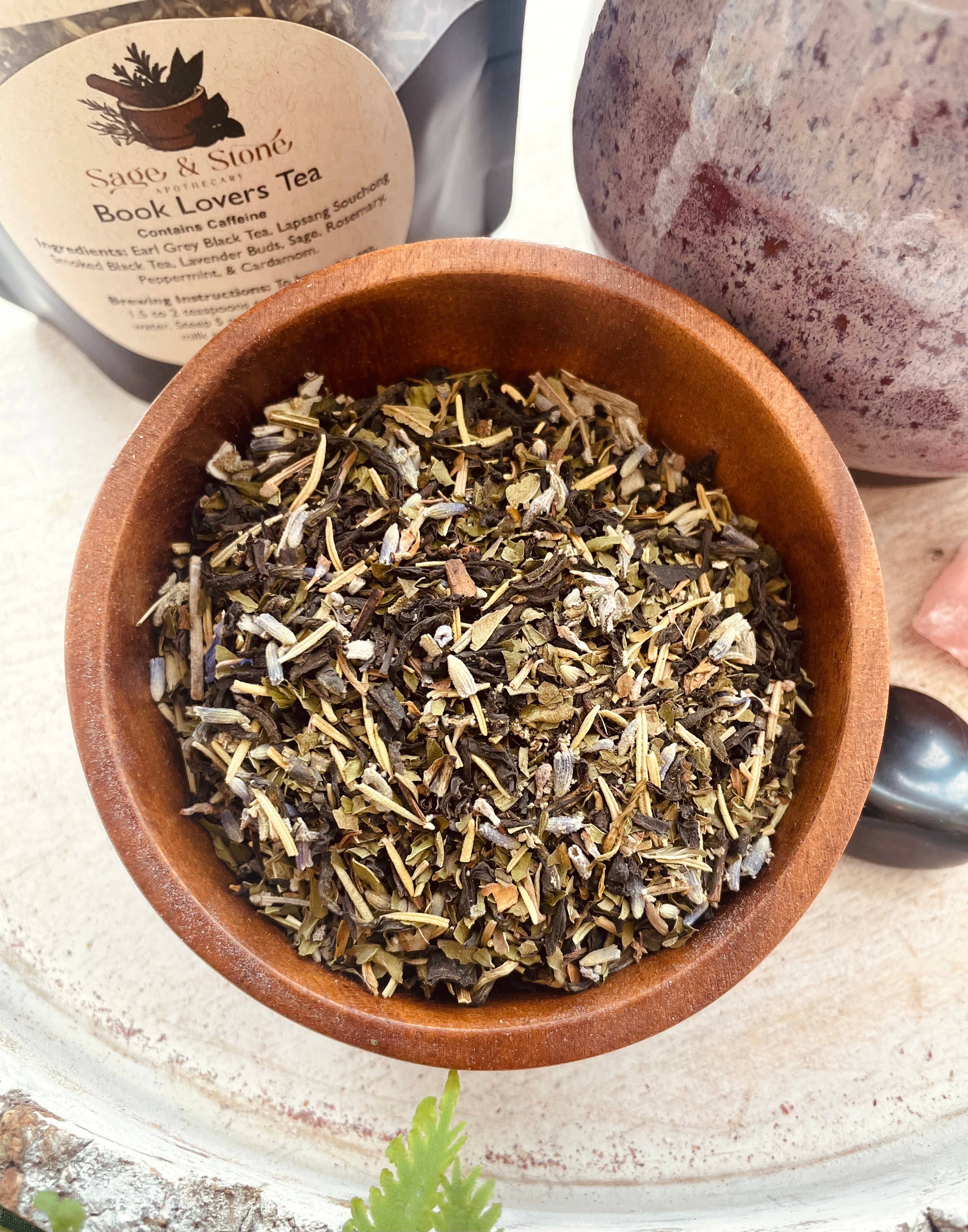 Book Lovers Herbal Tea by Sage &amp; Stone Apothecary. Earl Grey with smoky lapsang, lavender, sage, rosemary &amp; peppermint. A cozy brew for every story.
