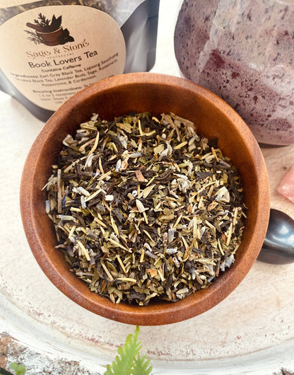 Book Lovers Herbal Tea by Sage &amp; Stone Apothecary. Earl Grey with smoky lapsang, lavender, sage, rosemary &amp; peppermint. A cozy brew for every story.