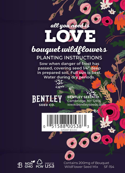All You Need Is Love bouquet wildflower seed packets. Romantic cut-flower mix with colorful blooms — perfect for weddings, favors, and summer gardens.