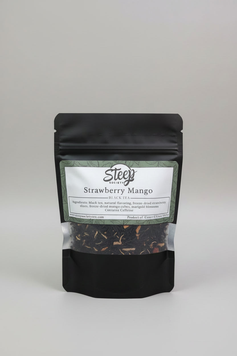 Bright strawberry and tropical mango blend with smooth black tea, real fruit, and marigold blossoms. Delicious hot or iced. 30–45 loose leaf servings.