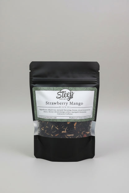 Bright strawberry and tropical mango blend with smooth black tea, real fruit, and marigold blossoms. Delicious hot or iced. 30–45 loose leaf servings.
