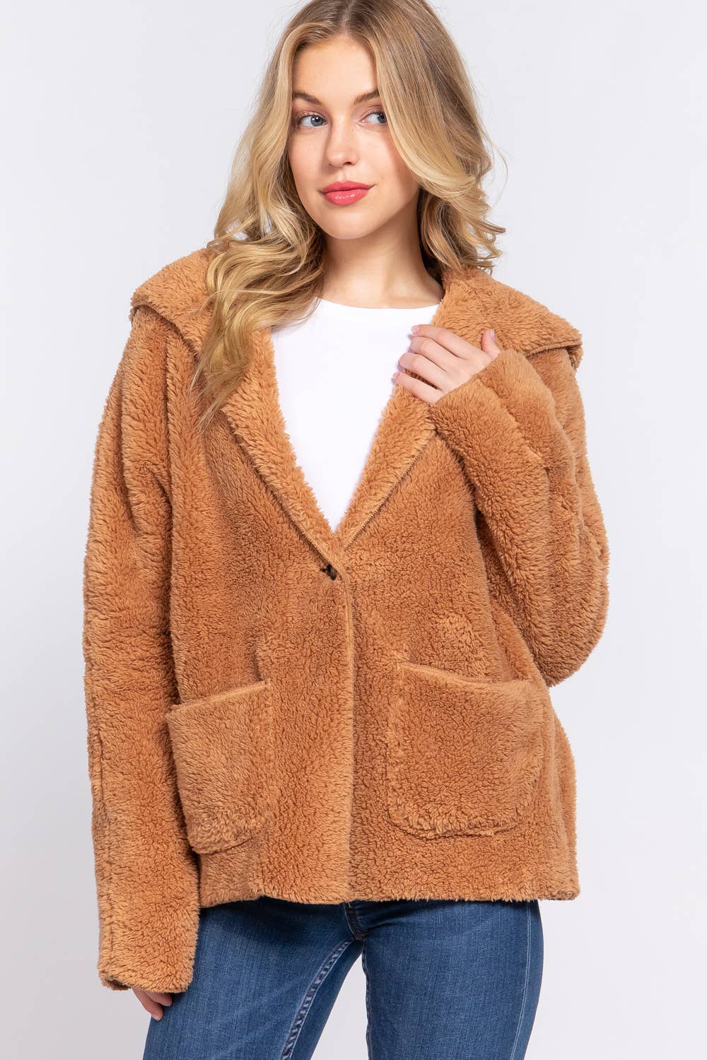 Dolman sleeve hoodie sherpa cardigan in ultra-soft 100% polyester. Warm, cozy, and relaxed fit—perfect for layering and everyday casual comfort.
