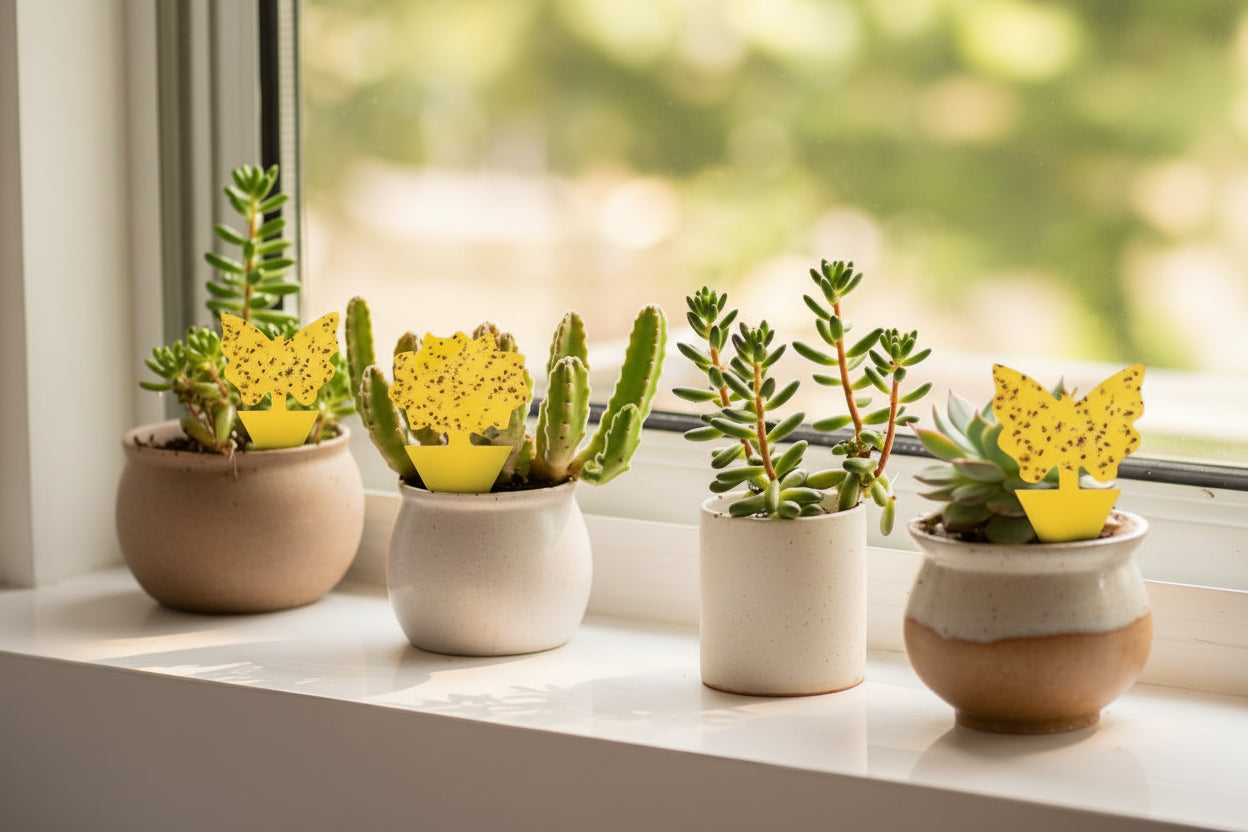 Butterfly yellow sticky fungus gnat traps for indoor plants. Dual-sided, chemical-free pest control that protects houseplants from flying insects safely.