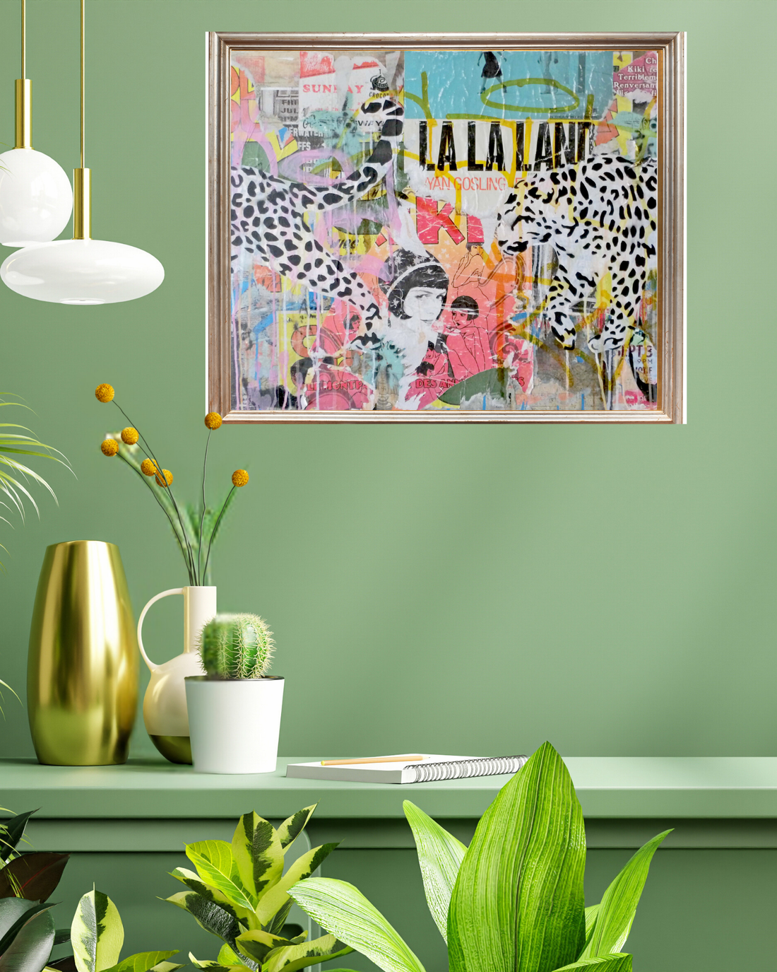 Camouflage is a 24&quot;x36&quot; mixed media artwork blending urban street art with nature. Featuring bold leopard silhouettes against a vibrant, layered backdrop of posters and graffiti, it explores themes of adaptation and identity. Ideal for contemporary spaces, pair it with a Bird of Paradise plant for a lively, dynamic vibe.