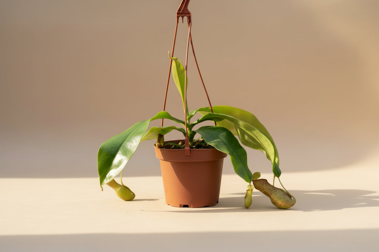 Carnivorous Nepenthes ‘Alata’ is a classic tropical pitcher plant with elegant insect-trapping pitchers, easy care, and lush rainforest appeal.