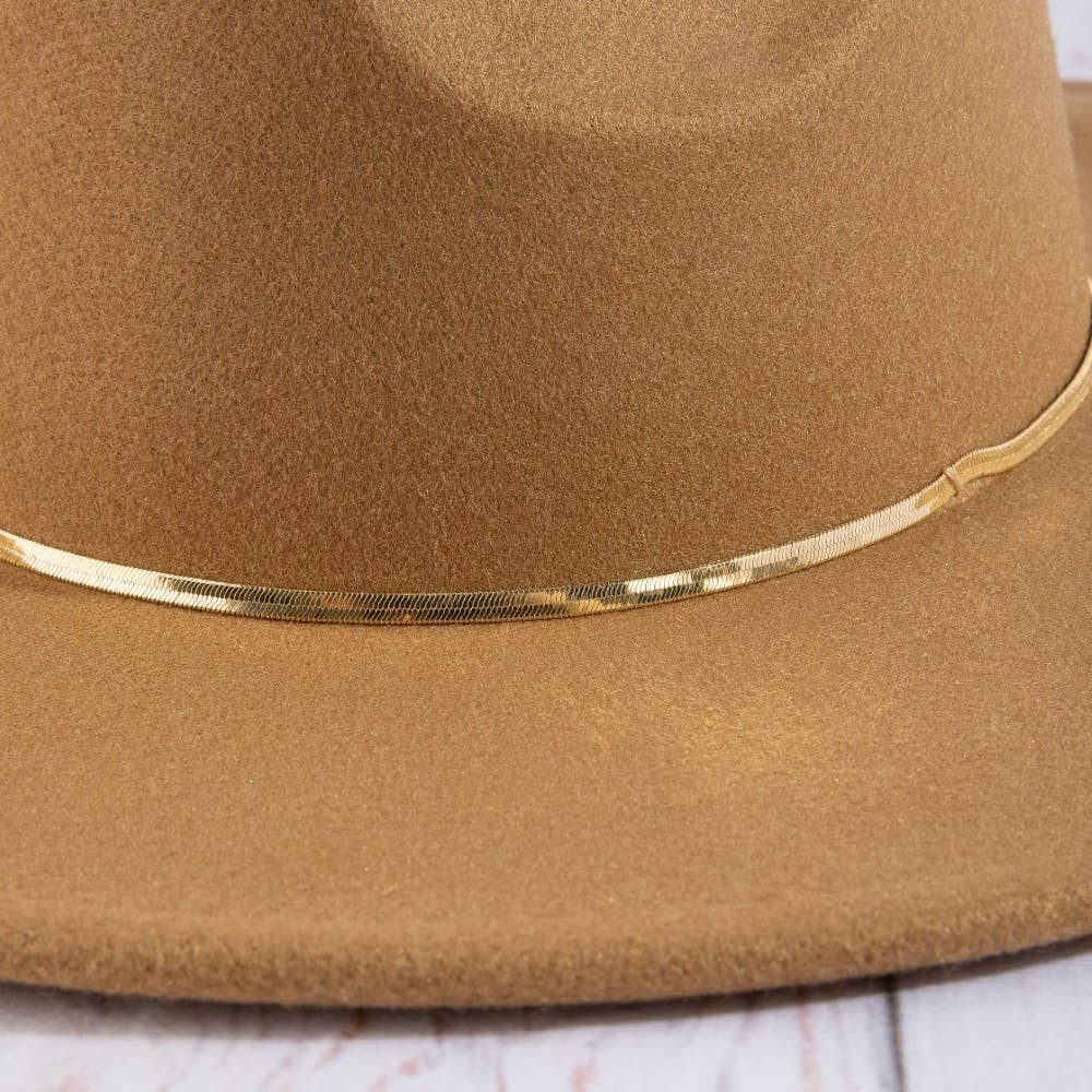 Flat brim fedora hat with herringbone chain detail and structured silhouette. A chic modern accessory perfect for elevated everyday, boho, and western-inspired style.