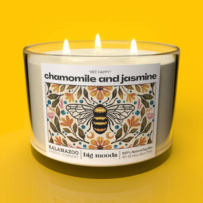Bee Calm: A soothing soy candle with chamomile &amp; jasmine. Vegan, eco-friendly, hand-poured for 40–55 hours of tranquil, floral-inspired calm and wellness.