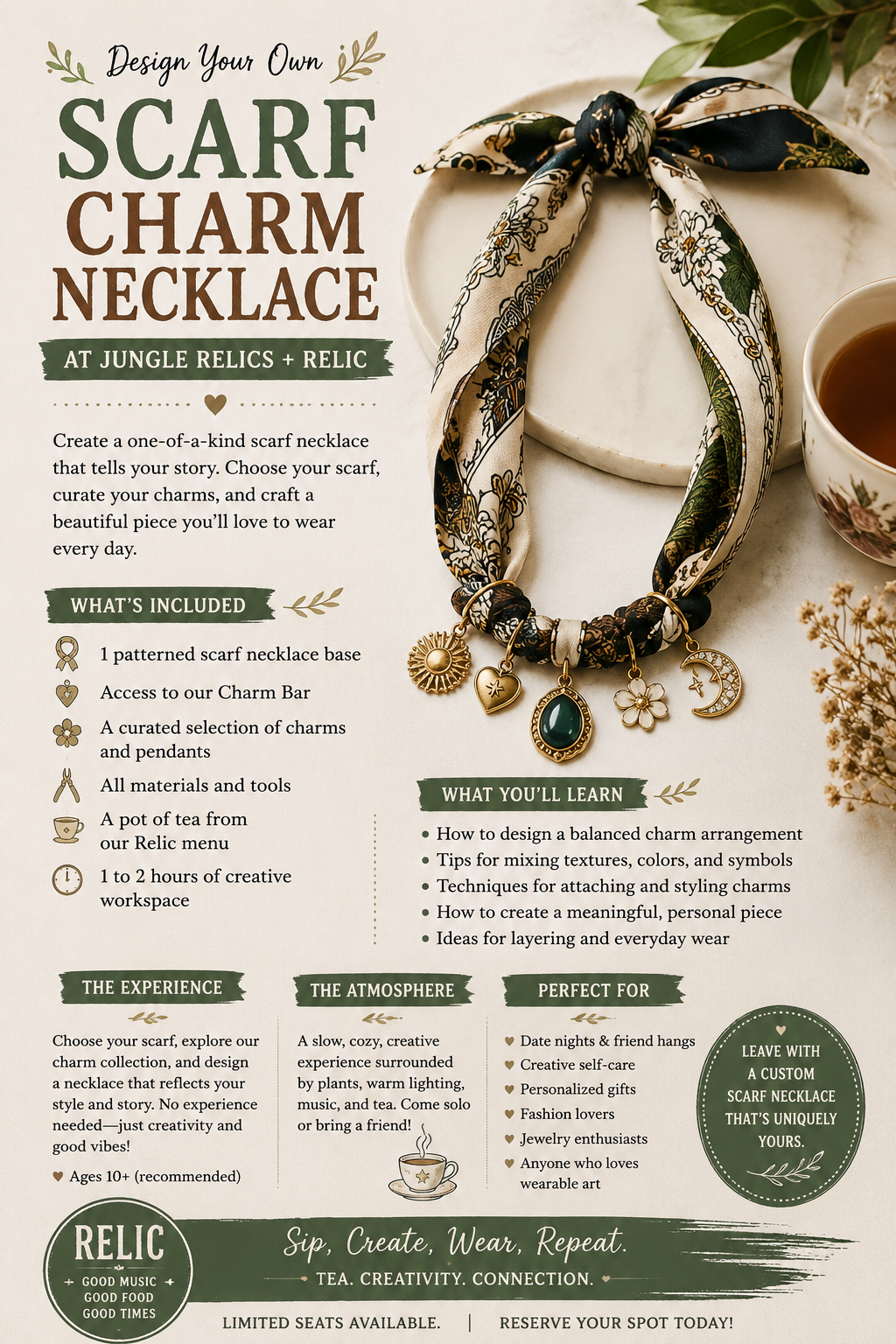 Design your own Charm Bar Scarf Necklace at Jungle Relics. Choose charms, sip tea, and create a one-of-a-kind statement necklace that&