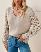 Chic V-neck hollow-knit sweater with long sleeves, perfect for fall layering. Cozy, breathable, and stylish—pairs effortlessly with denim, skirts, or boots.