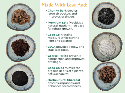 
Jungle Gold Chunky Mix is the ultimate soil blend for tropical plants! Designed for optimal drainage and airflow, it prevents root rot while retaining moisture. Perfect for monstera, orchids, hoyas, and more, this eco-friendly mix includes premium soil, bark, coco coir, LECA, and perlite. Locally hand-mixed in Idaho!