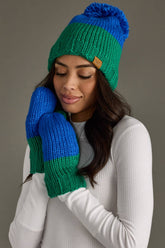 Blue and green color block knit mittens by Panache Apparel Co. Made from 100% acrylic with cozy fleece lining for warmth and colorful winter style.