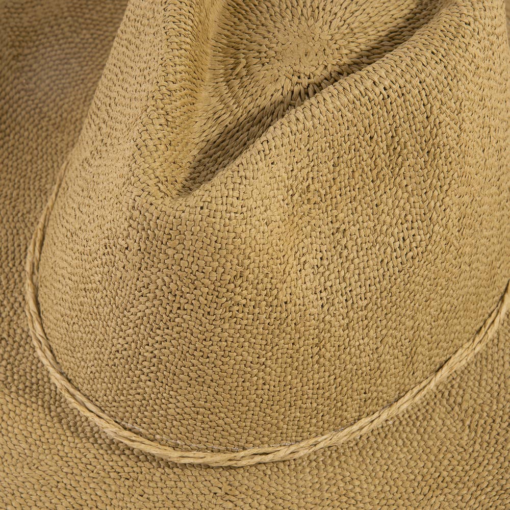 Braided cord band cowboy hat featuring woven paper straw texture and soft curved brim. Lightweight boho western style perfect for beach days, festivals, and summer outfits.