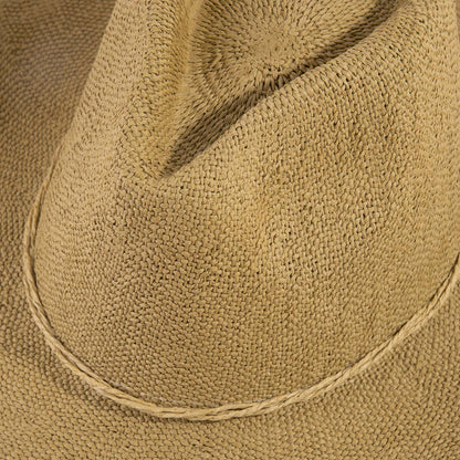 Braided cord band cowboy hat featuring woven paper straw texture and soft curved brim. Lightweight boho western style perfect for beach days, festivals, and summer outfits.