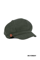 Add vintage charm with our Corduroy Cabbie Hat, featuring a curved brim, button accent, and elastic stretch back. Available in seven versatile colors.