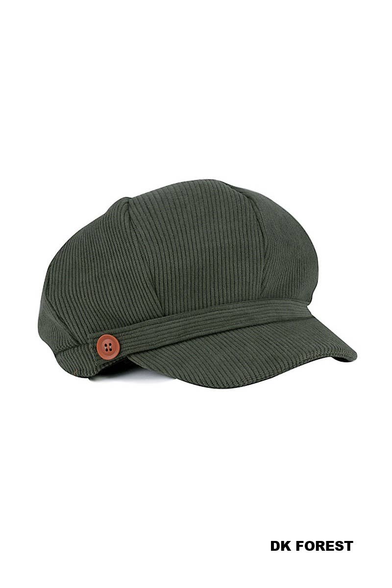 Add vintage charm with our Corduroy Cabbie Hat, featuring a curved brim, button accent, and elastic stretch back. Available in seven versatile colors.