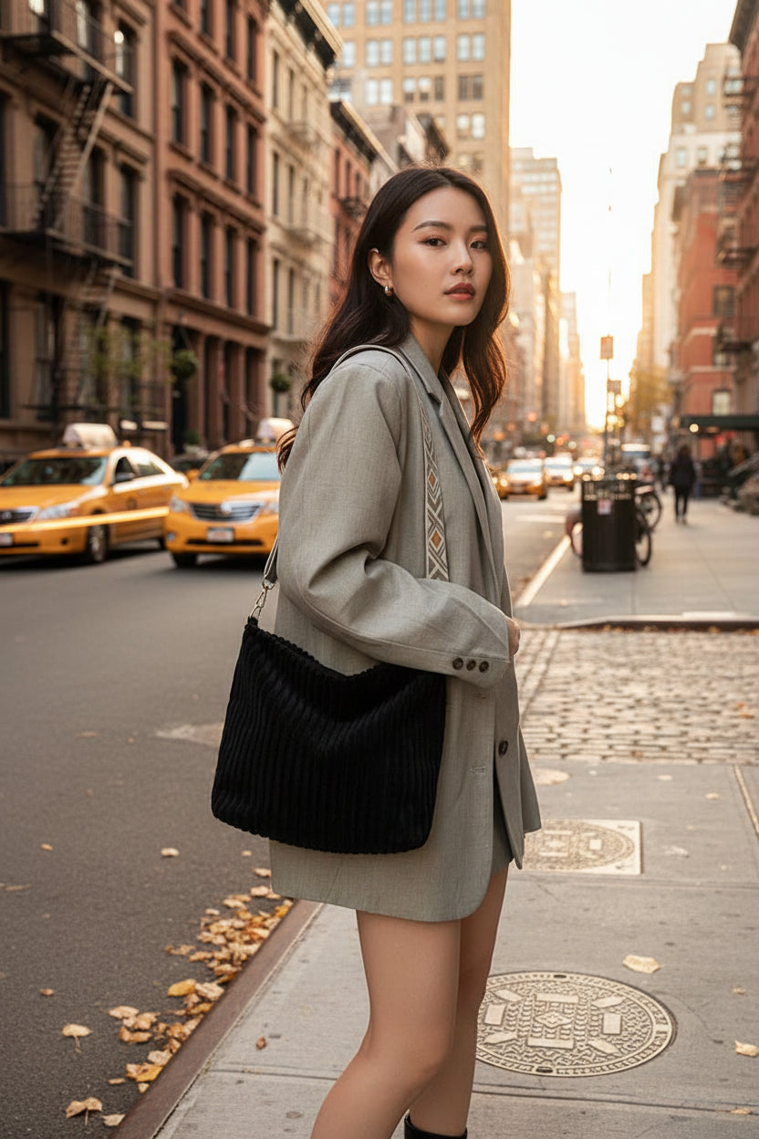 Corduroy Tote Bag with adjustable guitar strap, zipper closure and roomy design. A soft, stylish everyday shoulder bag for work, travel or nights out.