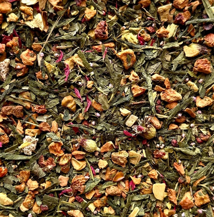 Enjoy Cotton Candy Green Tea by Steep Society. A fruity loose-leaf green tea with raspberry, rhubarb, strawberries, and colorful botanicals for a sweet, refreshing cup.