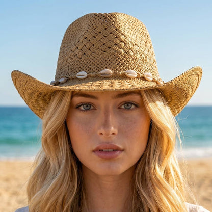Cowrie Shell Band Cowboy Hat featuring woven paper straw texture and coastal boho western style. Lightweight, breathable, and perfect for beach days or festivals.