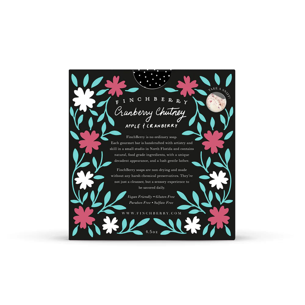 Cranberry Chutney Soap—cranberry, apple, and blackberry with a cozy, homey warmth. Silky lather, festive design, and nourishing organic oils.