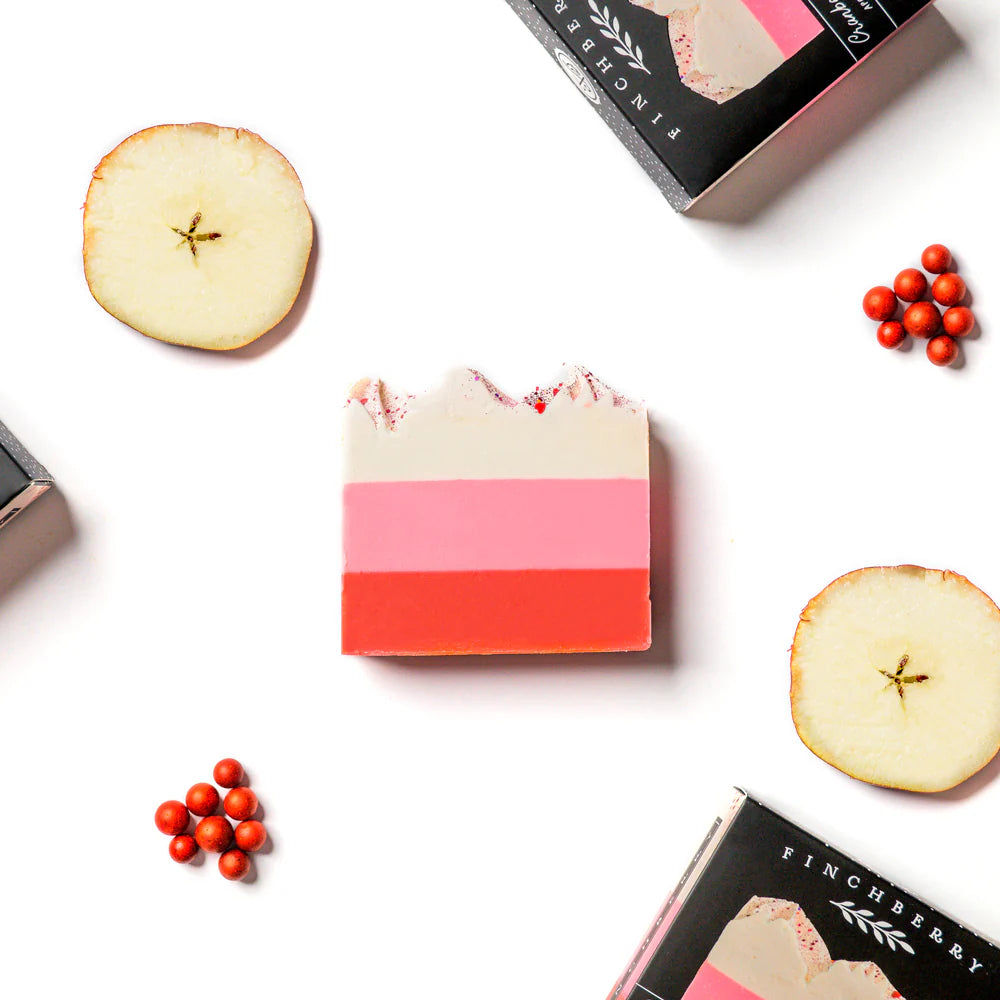 Cranberry Chutney Soap—cranberry, apple, and blackberry with a cozy, homey warmth. Silky lather, festive design, and nourishing organic oils.