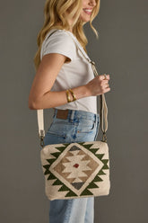Cream, Green & Tan Crossbody, crafted from 100% cotton with a removable strap. Earthy colors and western charm for everyday adventures.