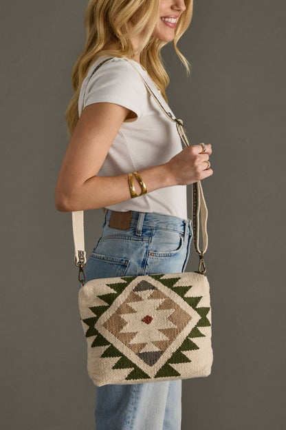 Cream, Green &amp; Tan Crossbody, crafted from 100% cotton with a removable strap. Earthy colors and western charm for everyday adventures.