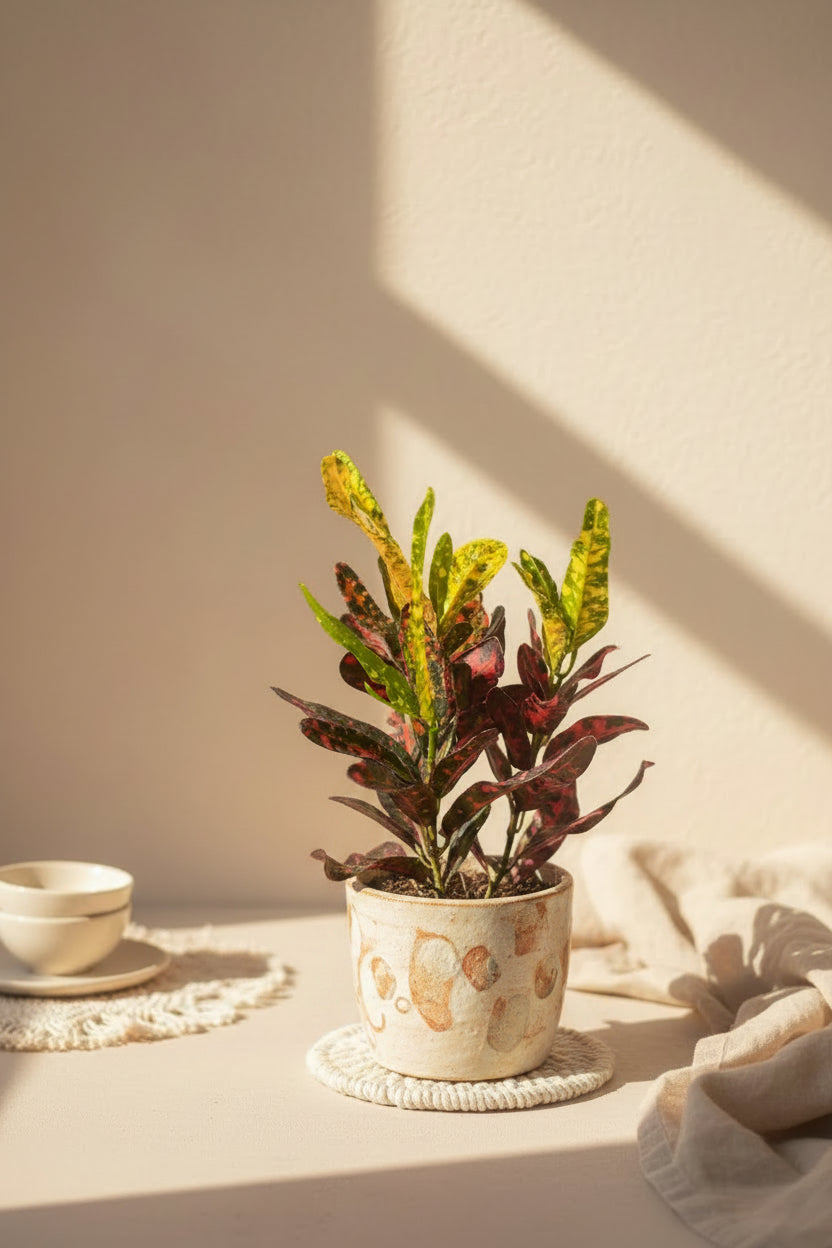 Croton plants feature vibrant rainbow foliage in shades of yellow, orange, red, and green. A colorful tropical houseplant that brightens any space.