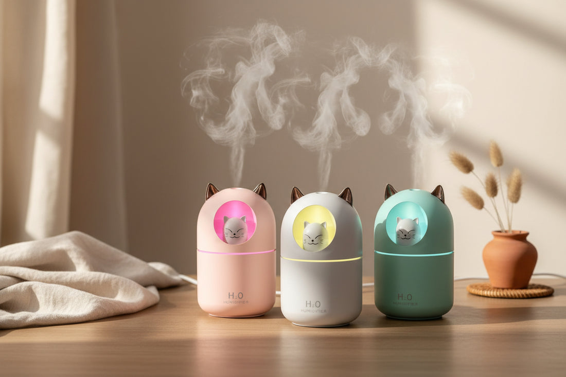 Cute cat mini humidifier with cool mist and soft night light. Quiet 300ml USB humidifier for bedrooms, desks, and nurseries. Auto shut-off.