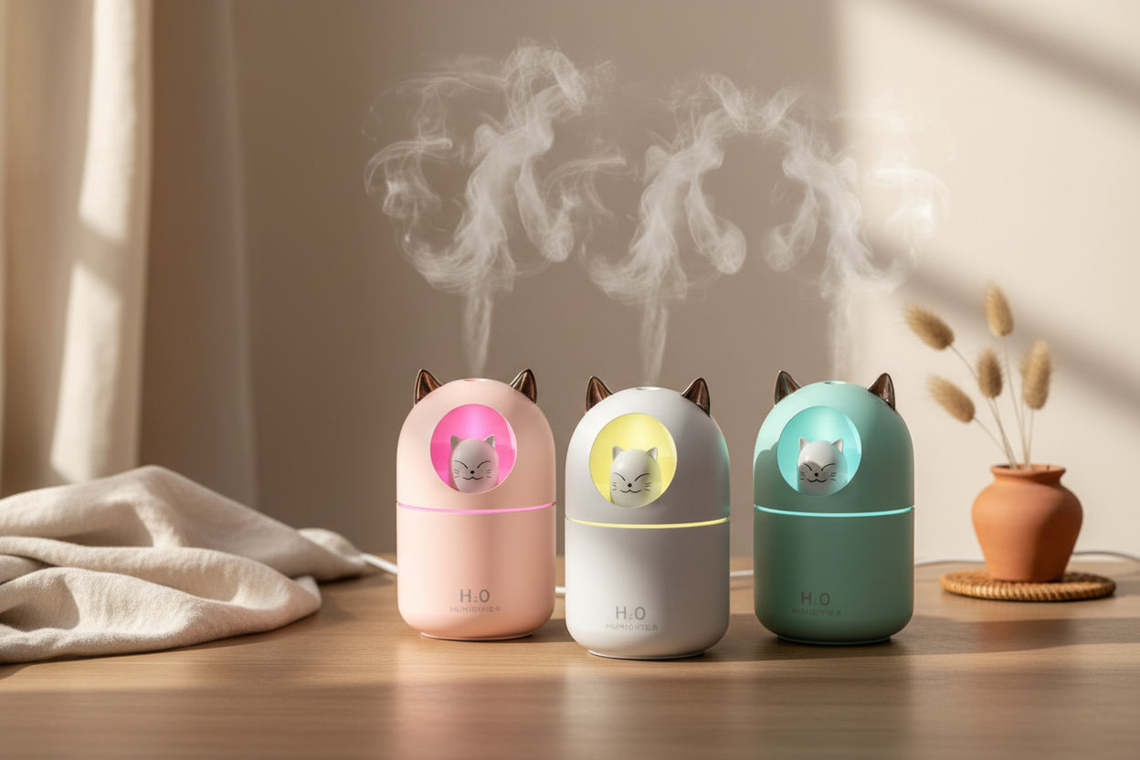 Cute cat mini humidifier with cool mist and soft night light. Quiet 300ml USB humidifier for bedrooms, desks, and nurseries. Auto shut-off.