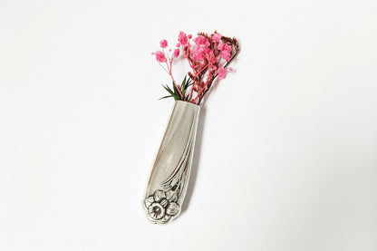Antique silverware magnetic bud vase that sticks to fridges and metal surfaces. Holds water, one-of-a-kind vintage gift decor.