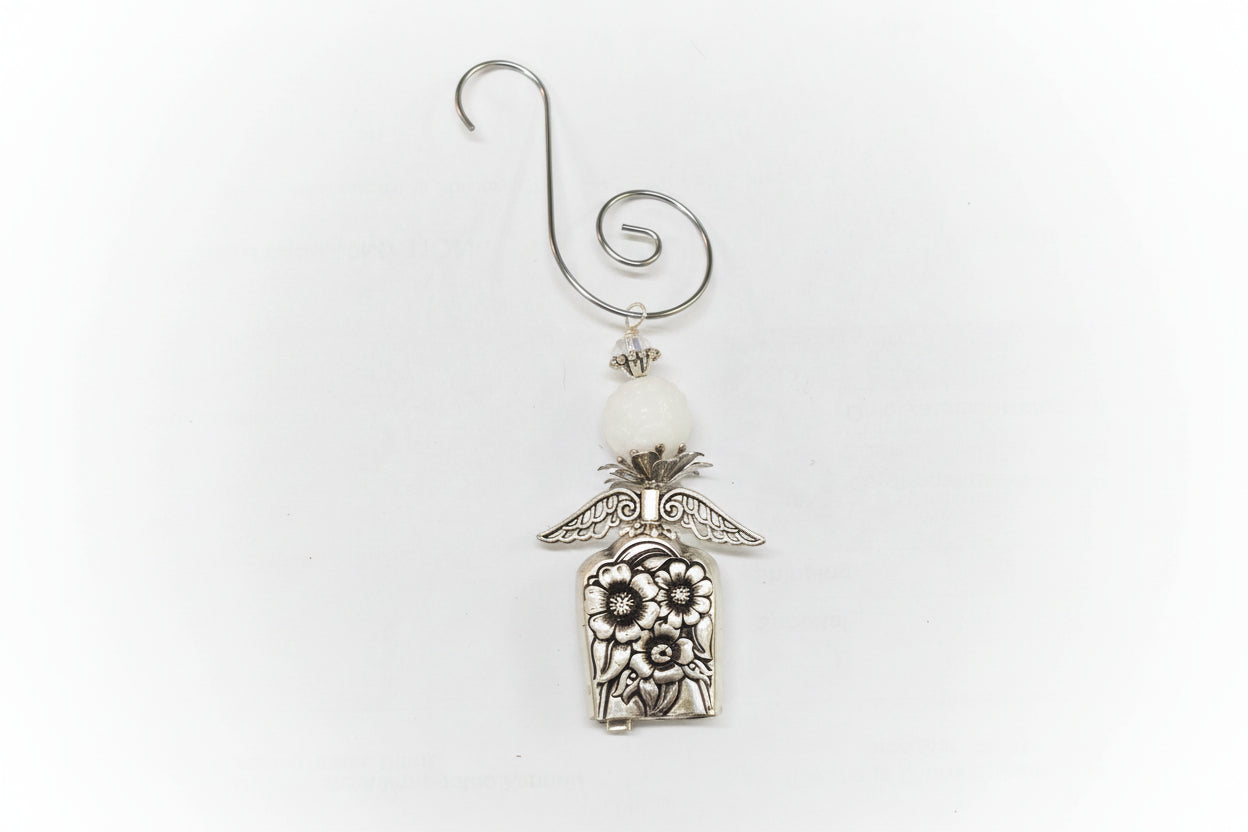 Vintage silverware angel bell with soft chime—handcrafted ornament symbolizing “an angel gets its wings,” perfect for gifts, décor, and meaningful keepsakes.