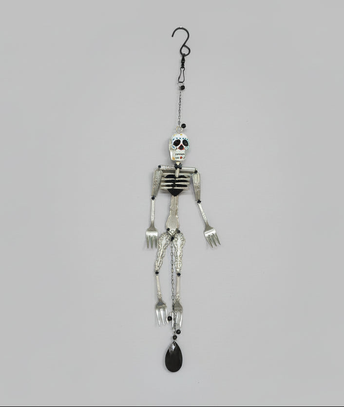 Skeleton Rattle &amp; Bone Hanging Chime handcrafted from vintage silverware with crystal accent—whimsical skeleton wind chime with soft sound and one-of-a-kind charm.