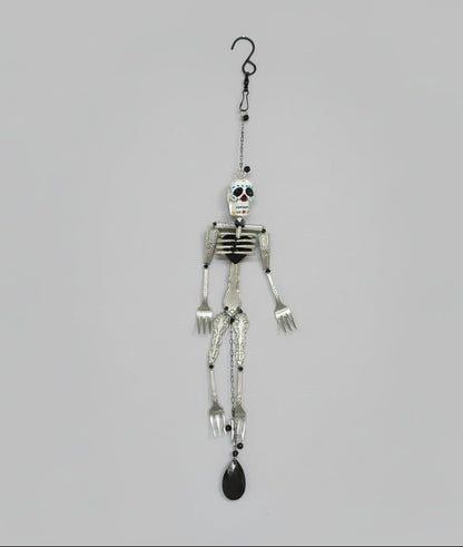 Skeleton Rattle &amp; Bone Hanging Chime handcrafted from vintage silverware with crystal accent—whimsical skeleton wind chime with soft sound and one-of-a-kind charm.