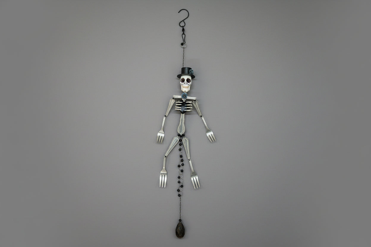 Skeleton Rattle &amp; Bone Hanging Chime handcrafted from vintage silverware with crystal accent—whimsical skeleton wind chime with soft sound and one-of-a-kind charm.