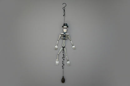 Skeleton Rattle &amp; Bone Hanging Chime handcrafted from vintage silverware with crystal accent—whimsical skeleton wind chime with soft sound and one-of-a-kind charm.