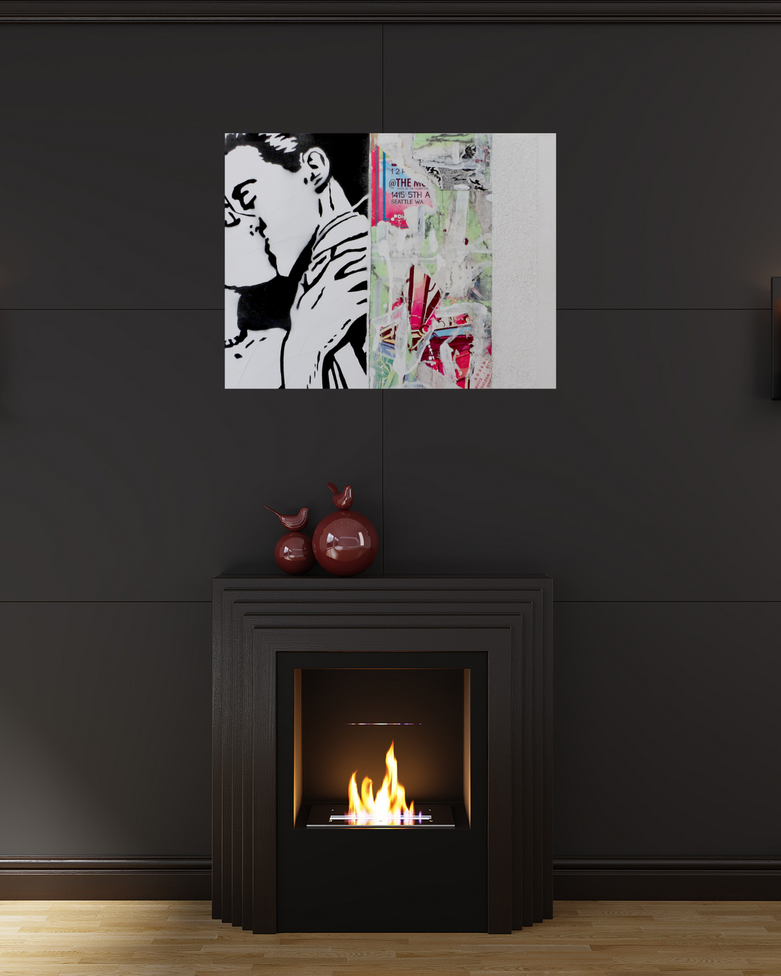 Deconstruction 1 is a 14&quot;x18&quot; mixed media artwork combining bold stenciled imagery of a couple with chaotic layers of torn posters and abstract textures. This striking piece explores human connection amid urban decay, perfect for modern art lovers. Pair with a Rubber Plant for a balanced, contemporary aesthetic.