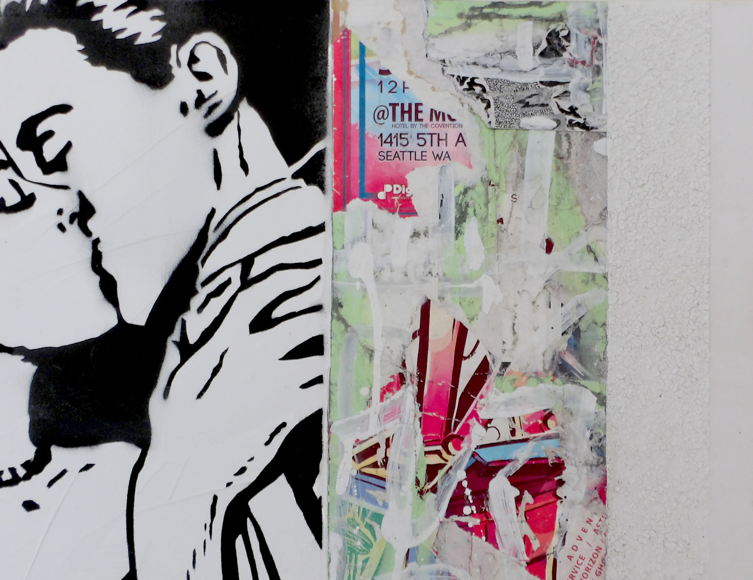 Deconstruction 1 is a 14&quot;x18&quot; mixed media artwork combining bold stenciled imagery of a couple with chaotic layers of torn posters and abstract textures. This striking piece explores human connection amid urban decay, perfect for modern art lovers. Pair with a Rubber Plant for a balanced, contemporary aesthetic.
