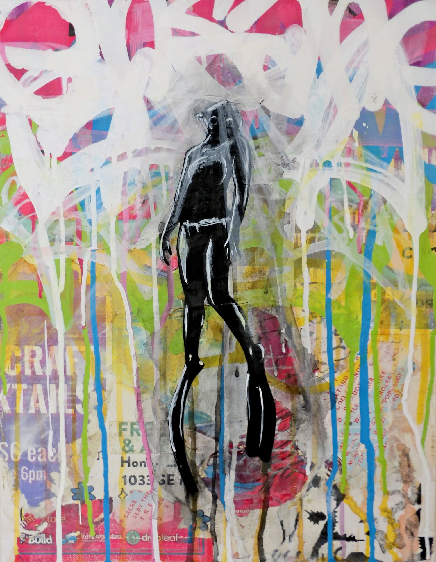 Depths is a 14&quot;x18&quot; mixed media artwork blending street art and surrealism. Featuring a bold black figure against a vibrant backdrop of graffiti and abstract colors, it symbolizes a journey through inner and external worlds. Perfect for urban art lovers, this piece pairs beautifully with the mysterious ZZ Raven Plant.