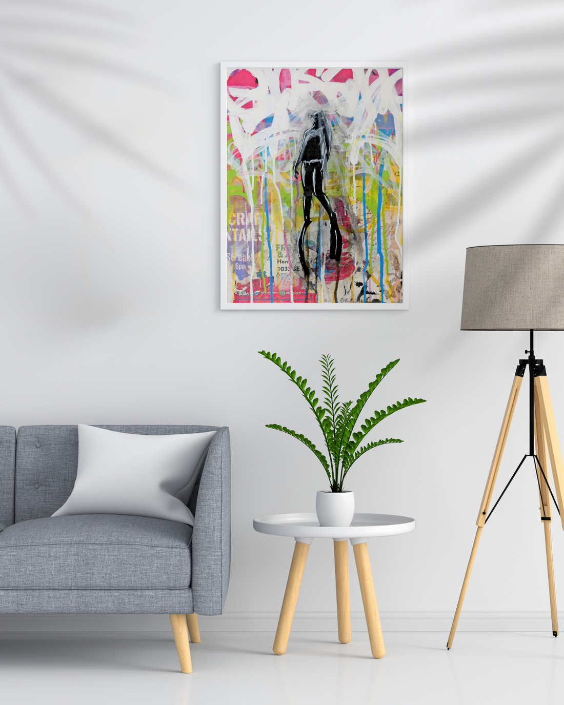 Depths is a 14&quot;x18&quot; mixed media artwork blending street art and surrealism. Featuring a bold black figure against a vibrant backdrop of graffiti and abstract colors, it symbolizes a journey through inner and external worlds. Perfect for urban art lovers, this piece pairs beautifully with the mysterious ZZ Raven Plant.