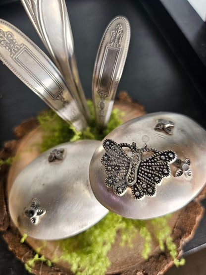 Handcrafted frog sculpture from vintage silverware, set on walnut wood with moss and crystals. A whimsical, one-of-a-kind piece for home or garden décor.