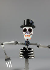 Skeleton Rattle & Bone Hanging Chime handcrafted from vintage silverware with crystal accent—whimsical skeleton wind chime with soft sound and one-of-a-kind charm.
