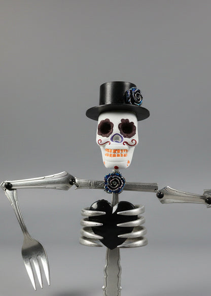Skeleton Rattle &amp; Bone Hanging Chime handcrafted from vintage silverware with crystal accent—whimsical skeleton wind chime with soft sound and one-of-a-kind charm.