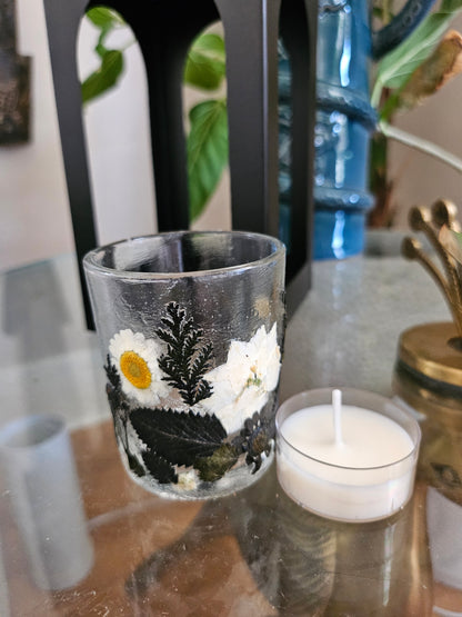 Botanical black fairy lantern with real pressed flowers and floral-scented tea lights. Perfect for witchy rituals, altars, and moody, magical spaces.