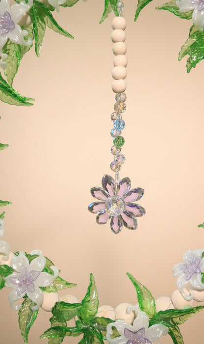 Handmade Botanical Beaded Boho Wreath by KStonely featuring wood beads, glass flowers, crystal accents, and one-of-a-kind botanical artistry.