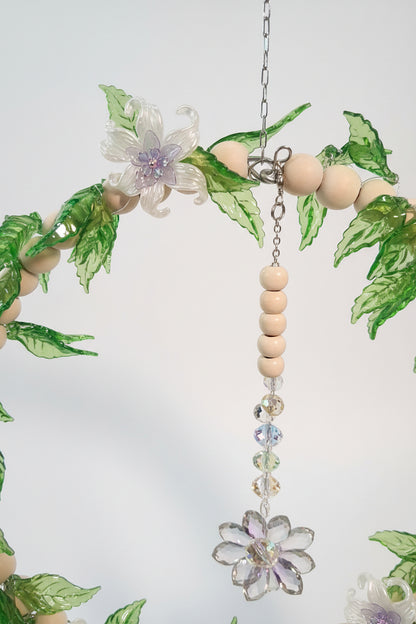 Handmade Botanical Beaded Boho Wreath by KStonely featuring wood beads, glass flowers, crystal accents, and one-of-a-kind botanical artistry.