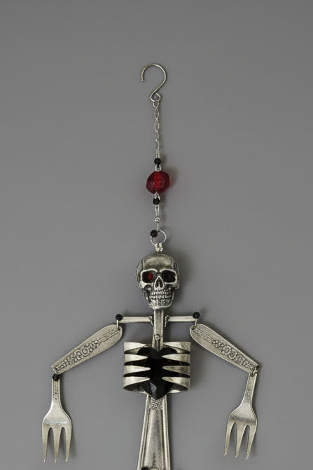Skeleton Rattle &amp; Bone Hanging Chime handcrafted from vintage silverware with crystal accent—whimsical skeleton wind chime with soft sound and one-of-a-kind charm.