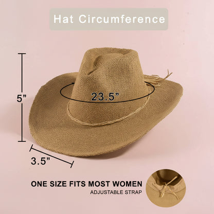 Braided cord band cowboy hat featuring woven paper straw texture and soft curved brim. Lightweight boho western style perfect for beach days, festivals, and summer outfits.
