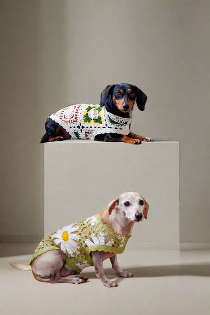 Crochet Dog Pullover Shirt with cheerful daisy pattern. Made from breathable cotton, this lightweight dog sweater keeps pups stylish &amp; comfortable.